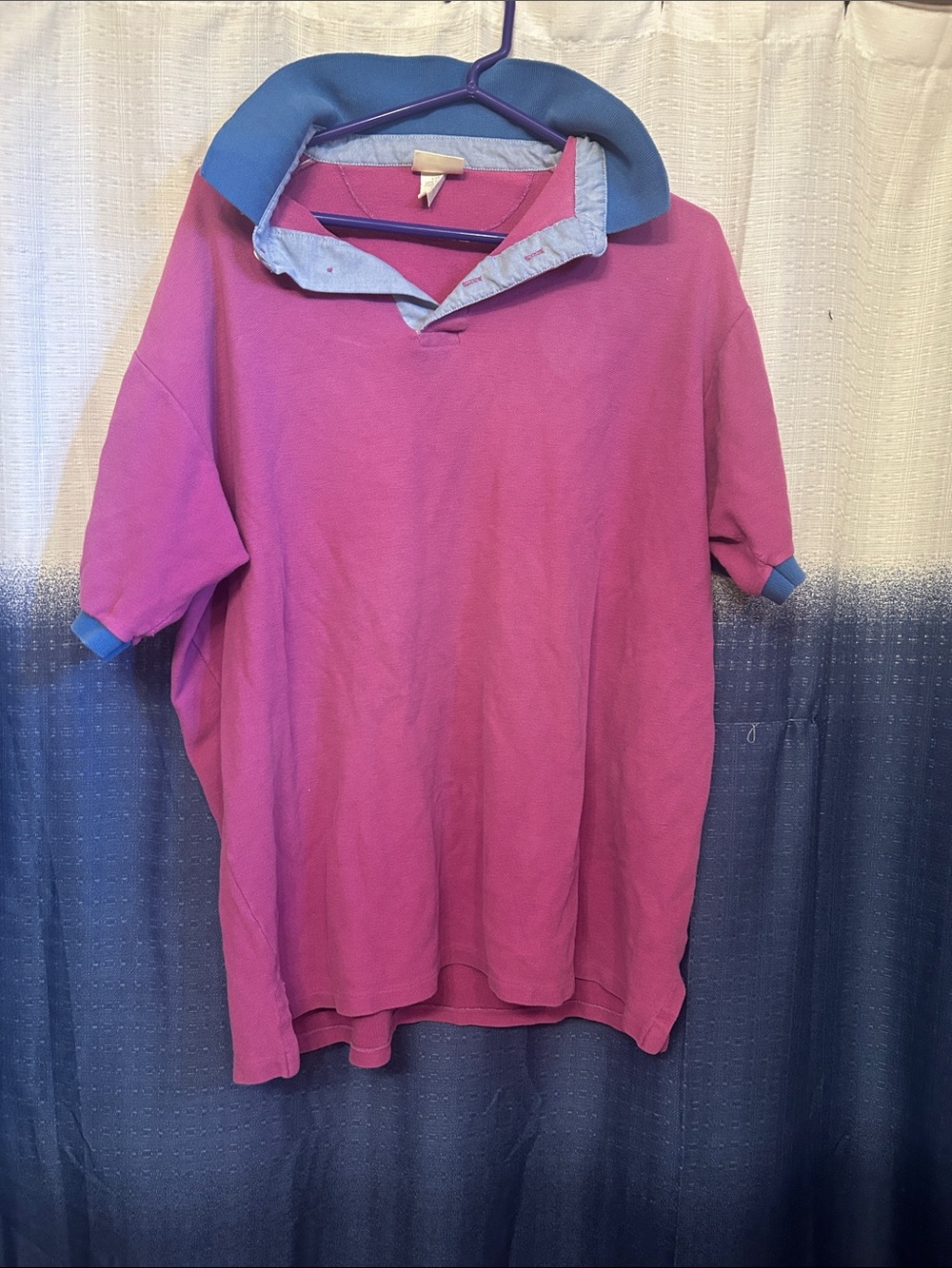 Vintage L.L. Bean Men's Magenta Polo with Blue Collar Trim